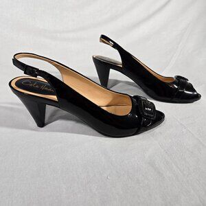 Vintage COLE HAAN Classic BLACK Patent LEATHER Slingback Peep-Toe Heel Size 10B.
